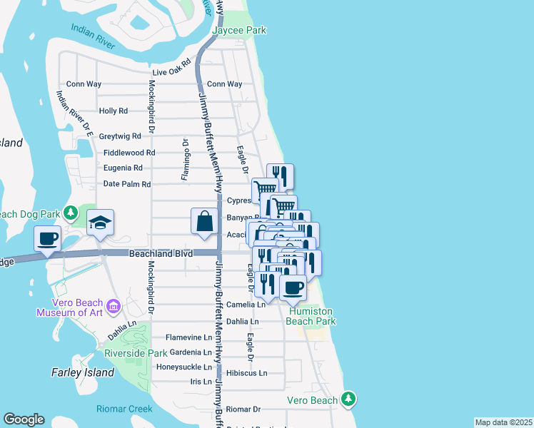 map of restaurants, bars, coffee shops, grocery stores, and more near 825 Banyan Road in Vero Beach