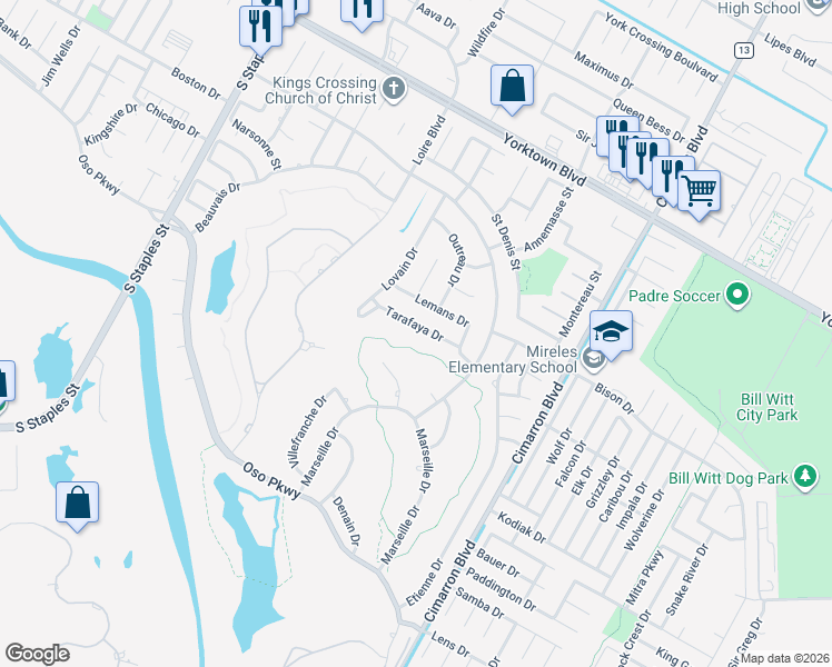 map of restaurants, bars, coffee shops, grocery stores, and more near 6137 Tarafaya Dr in Corpus Christi