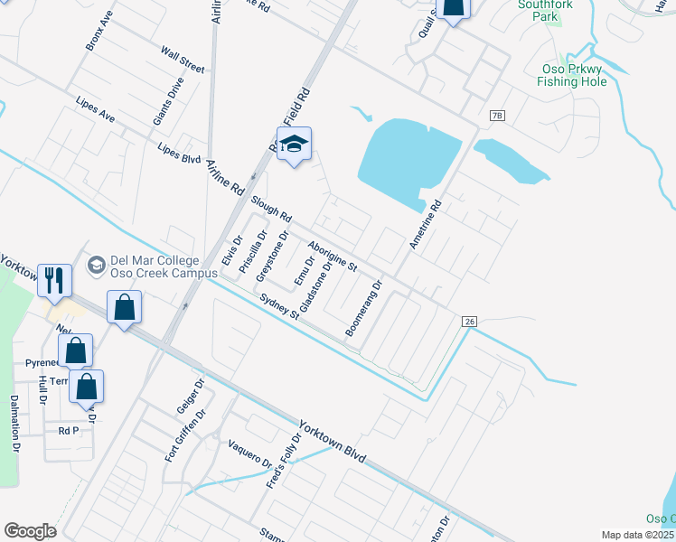 map of restaurants, bars, coffee shops, grocery stores, and more near 3805 Eucalyptus Drive in Corpus Christi