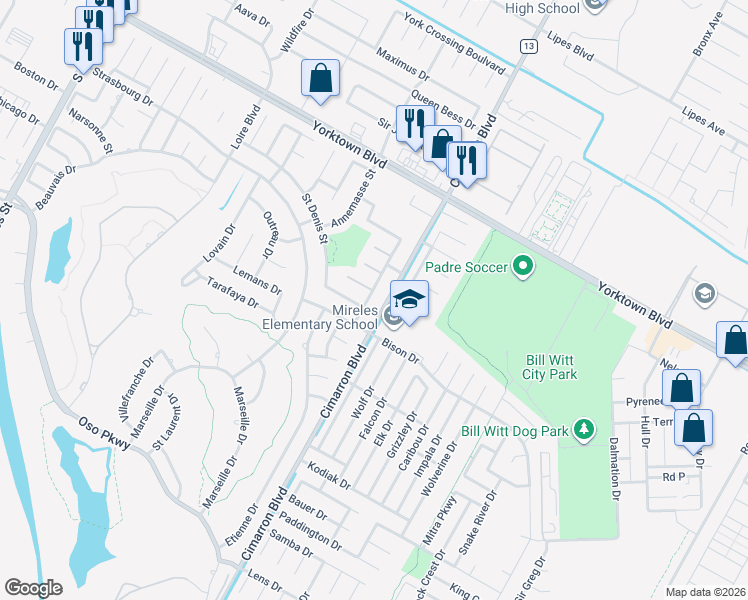 map of restaurants, bars, coffee shops, grocery stores, and more near 7726 Montereau Street in Corpus Christi