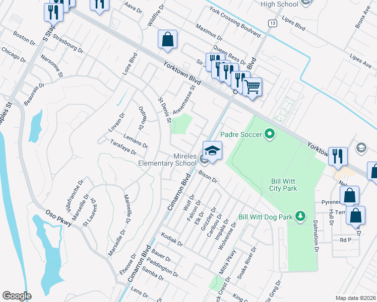 map of restaurants, bars, coffee shops, grocery stores, and more near 7726 Montereau Street in Corpus Christi
