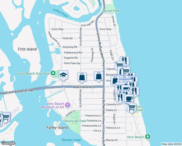 map of restaurants, bars, coffee shops, grocery stores, and more near 575 Banyan Road in Vero Beach