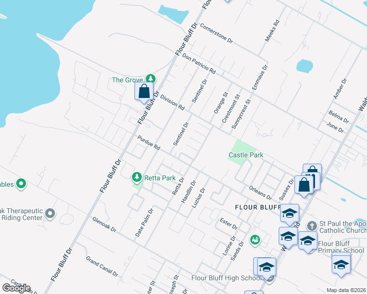 map of restaurants, bars, coffee shops, grocery stores, and more near 1114 Fallow Lane in Corpus Christi