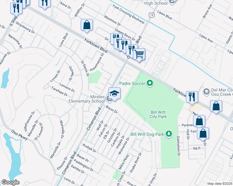 map of restaurants, bars, coffee shops, grocery stores, and more near 6518 Malachite Drive in Corpus Christi
