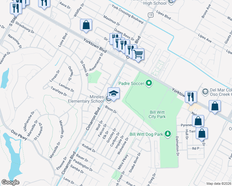 map of restaurants, bars, coffee shops, grocery stores, and more near 6518 Malachite Drive in Corpus Christi