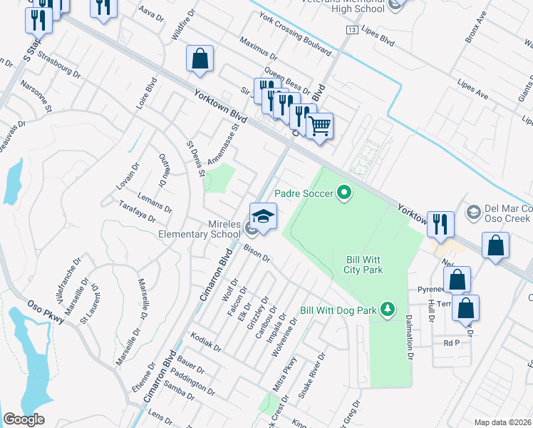 map of restaurants, bars, coffee shops, grocery stores, and more near 6518 Malachite Drive in Corpus Christi