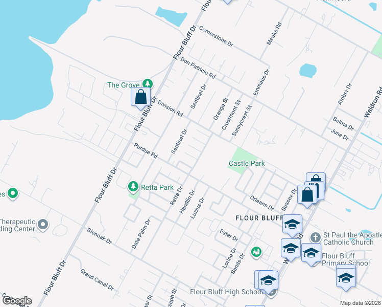 map of restaurants, bars, coffee shops, grocery stores, and more near 1114 Fallow Lane in Corpus Christi