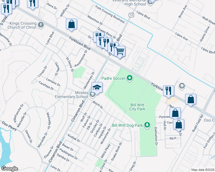 map of restaurants, bars, coffee shops, grocery stores, and more near 6530 PurpleWing Drive in Corpus Christi