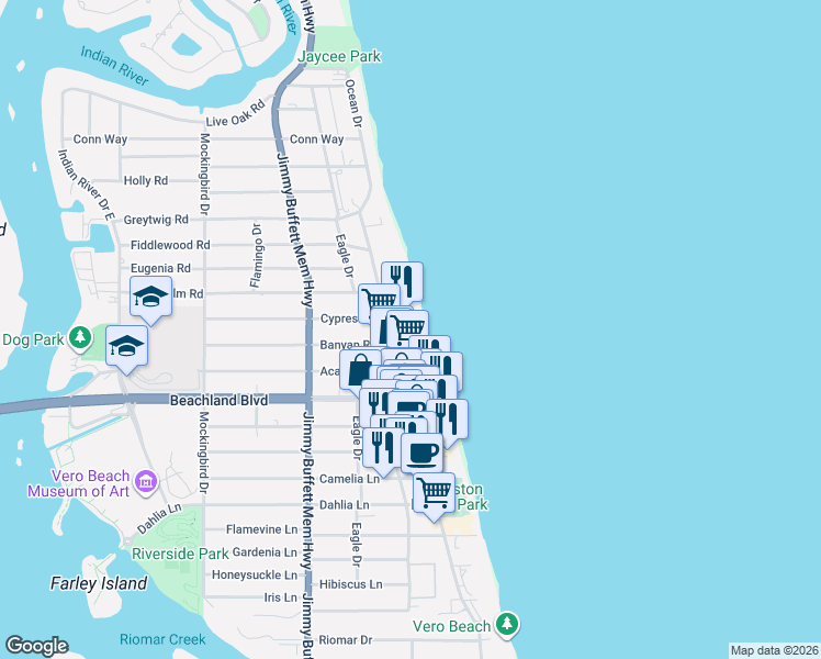 map of restaurants, bars, coffee shops, grocery stores, and more near 3500 Ocean Drive in Vero Beach