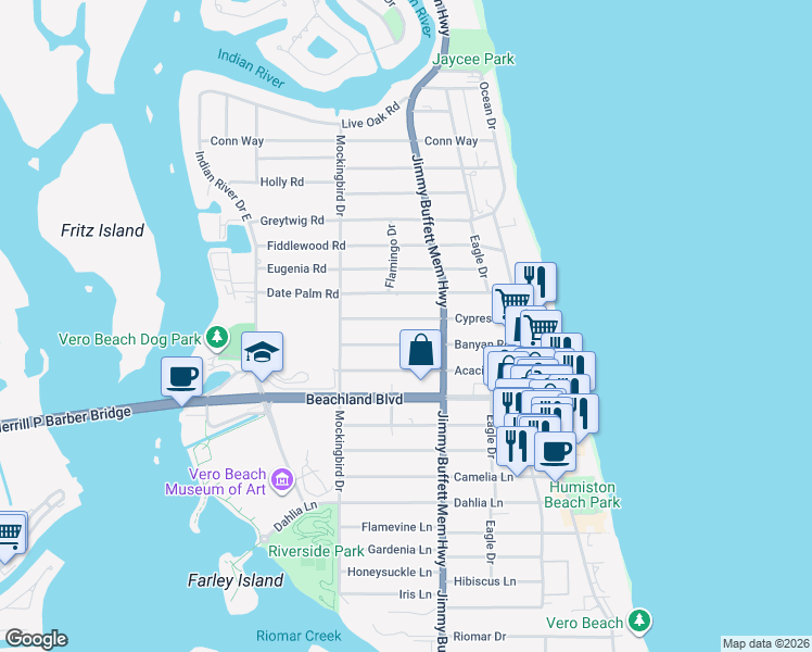 map of restaurants, bars, coffee shops, grocery stores, and more near 575 Banyan Road in Vero Beach