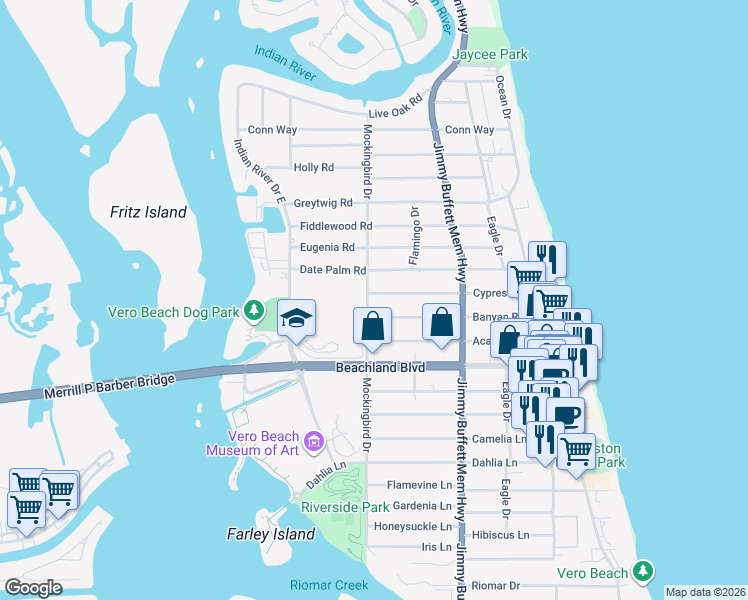 map of restaurants, bars, coffee shops, grocery stores, and more near 525 Banyan Road in Vero Beach