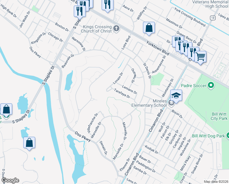 map of restaurants, bars, coffee shops, grocery stores, and more near 6041 Tarafaya Drive in Corpus Christi