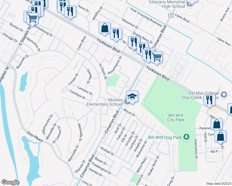 map of restaurants, bars, coffee shops, grocery stores, and more near 6321 Saint Denis Street in Corpus Christi
