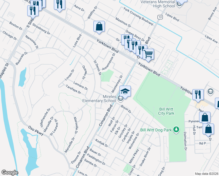 map of restaurants, bars, coffee shops, grocery stores, and more near 6321 Saint Denis Street in Corpus Christi