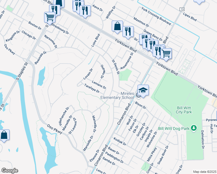 map of restaurants, bars, coffee shops, grocery stores, and more near 6254 Strasbourg Drive in Corpus Christi