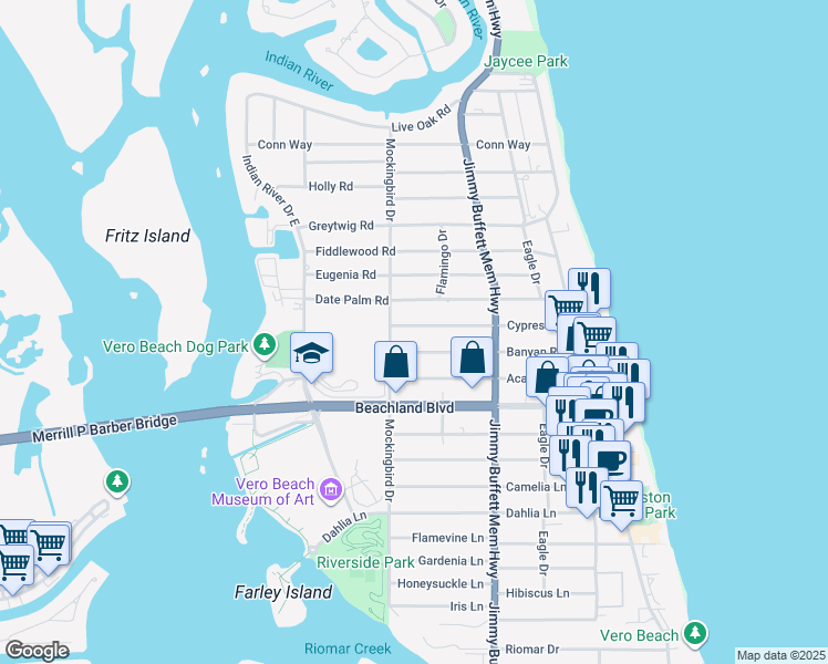 map of restaurants, bars, coffee shops, grocery stores, and more near 525 Banyan Road in Vero Beach