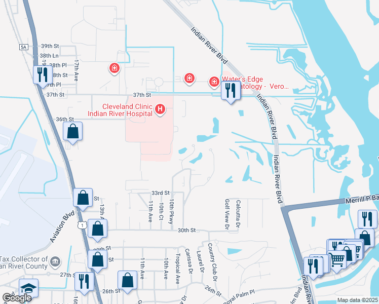 map of restaurants, bars, coffee shops, grocery stores, and more near 3423 Elvira Way in Vero Beach