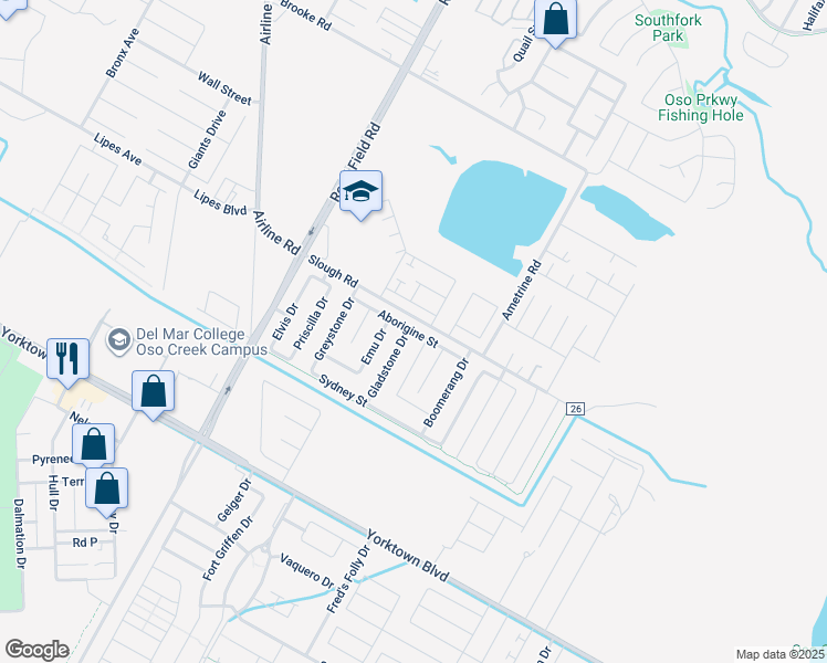 map of restaurants, bars, coffee shops, grocery stores, and more near 7514 Aborigine Street in Corpus Christi