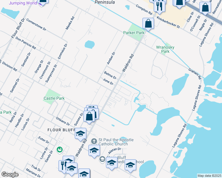 map of restaurants, bars, coffee shops, grocery stores, and more near 1901 Waldron Road in Corpus Christi