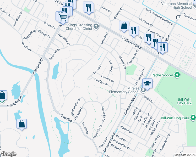 map of restaurants, bars, coffee shops, grocery stores, and more near 6137 Tarafaya Drive in Corpus Christi