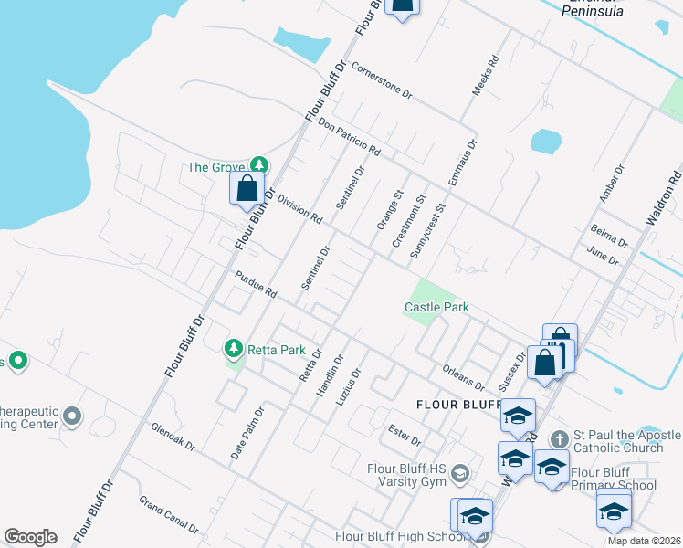 map of restaurants, bars, coffee shops, grocery stores, and more near 1130 Sambar Lane in Corpus Christi