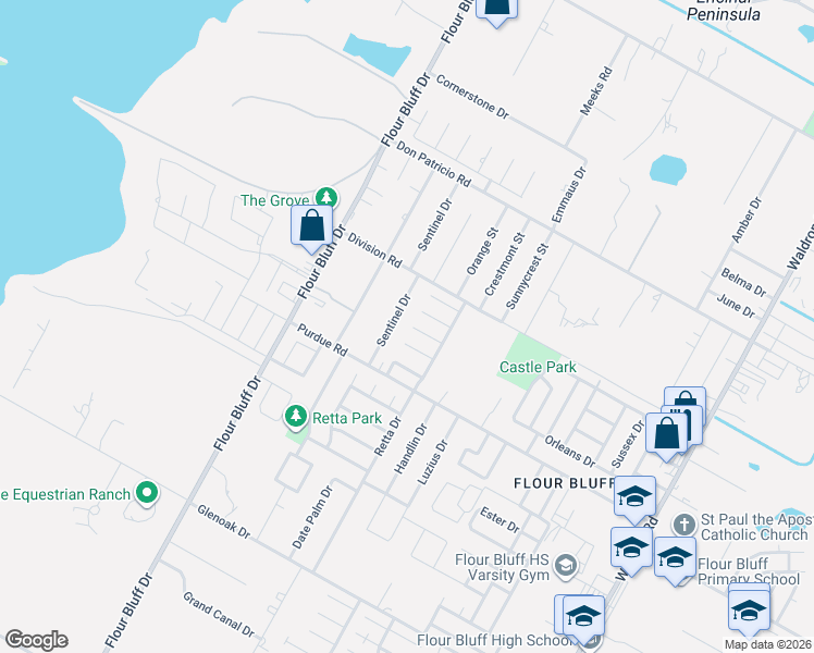 map of restaurants, bars, coffee shops, grocery stores, and more near 1130 Sambar Lane in Corpus Christi