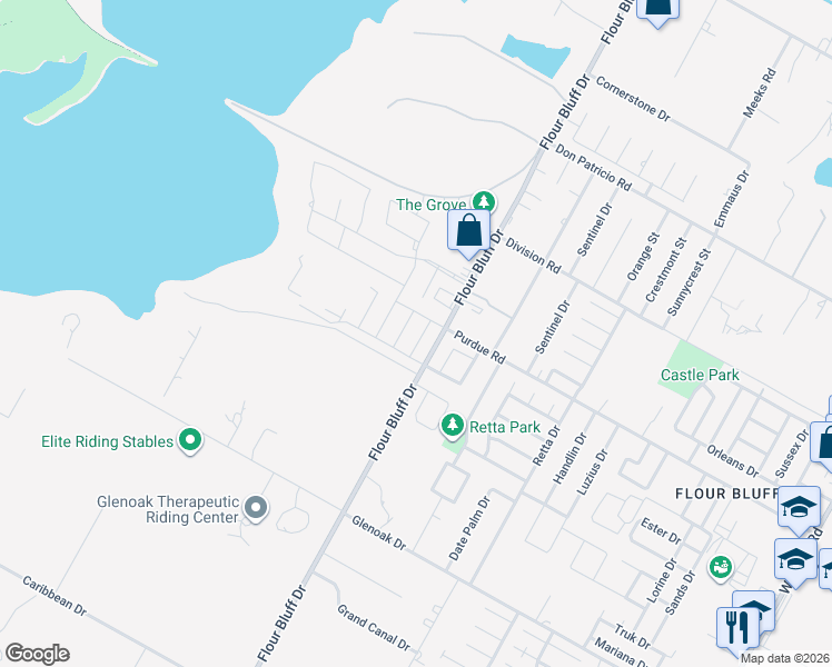 map of restaurants, bars, coffee shops, grocery stores, and more near 2238 Oak Crest Drive in Corpus Christi