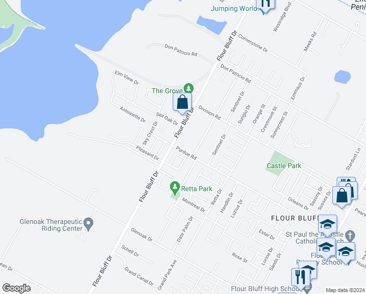 map of restaurants, bars, coffee shops, grocery stores, and more near 1318 Purdue Road in Corpus Christi