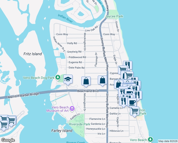 map of restaurants, bars, coffee shops, grocery stores, and more near 515 Date Palm Road in Vero Beach
