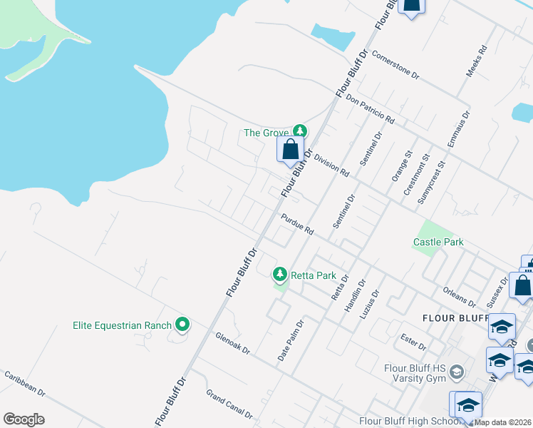 map of restaurants, bars, coffee shops, grocery stores, and more near 2238 Oak Crest Drive in Corpus Christi