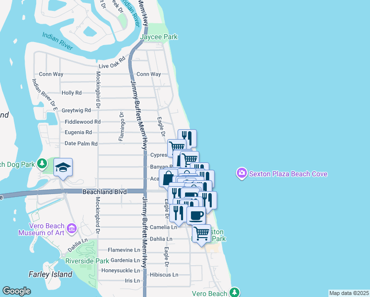map of restaurants, bars, coffee shops, grocery stores, and more near 3554 Ocean Drive in Vero Beach