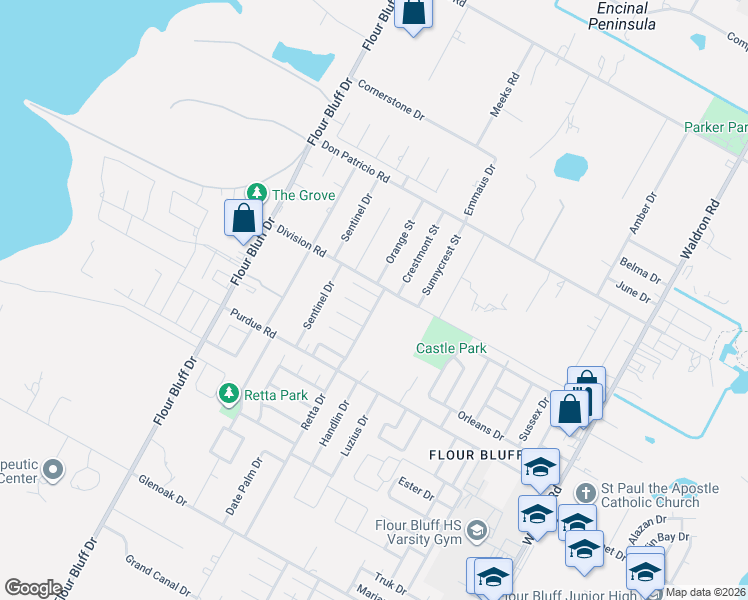 map of restaurants, bars, coffee shops, grocery stores, and more near 1102 Axis Lane in Corpus Christi