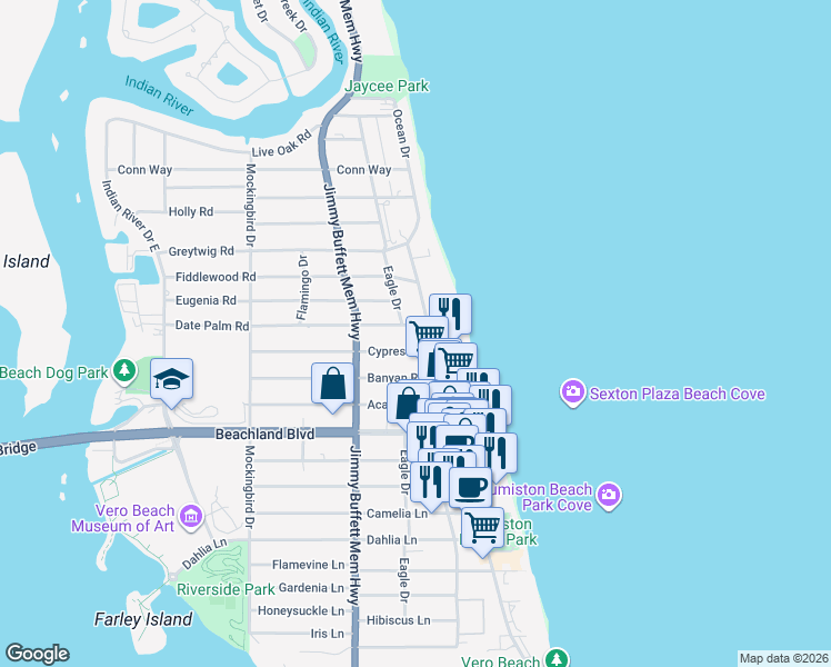 map of restaurants, bars, coffee shops, grocery stores, and more near 3581 Ocean Drive in Vero Beach