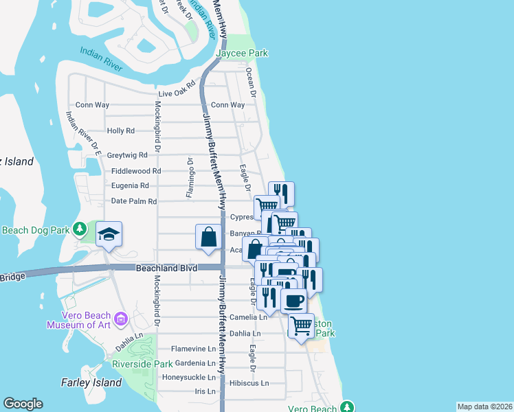 map of restaurants, bars, coffee shops, grocery stores, and more near 3581 Ocean Drive in Vero Beach