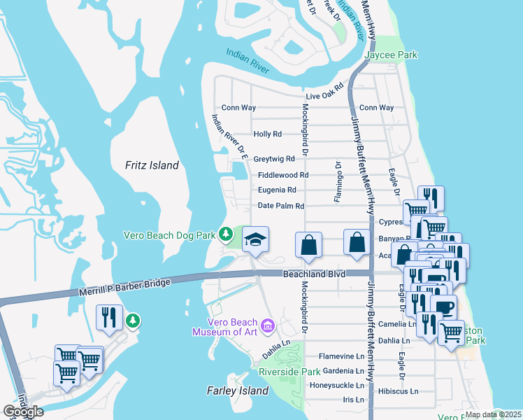 map of restaurants, bars, coffee shops, grocery stores, and more near 336 Date Palm Road in Vero Beach