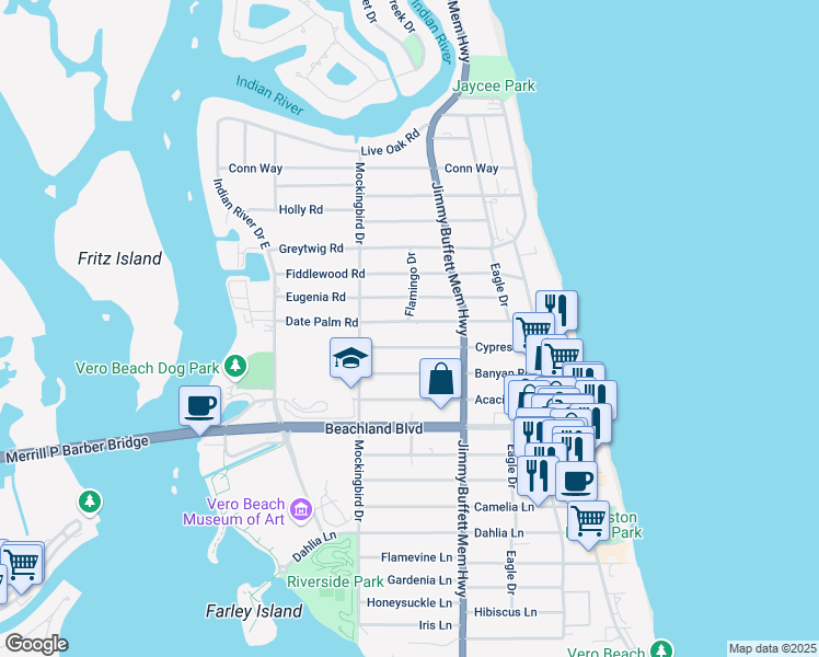 map of restaurants, bars, coffee shops, grocery stores, and more near 576 Date Palm Road in Vero Beach