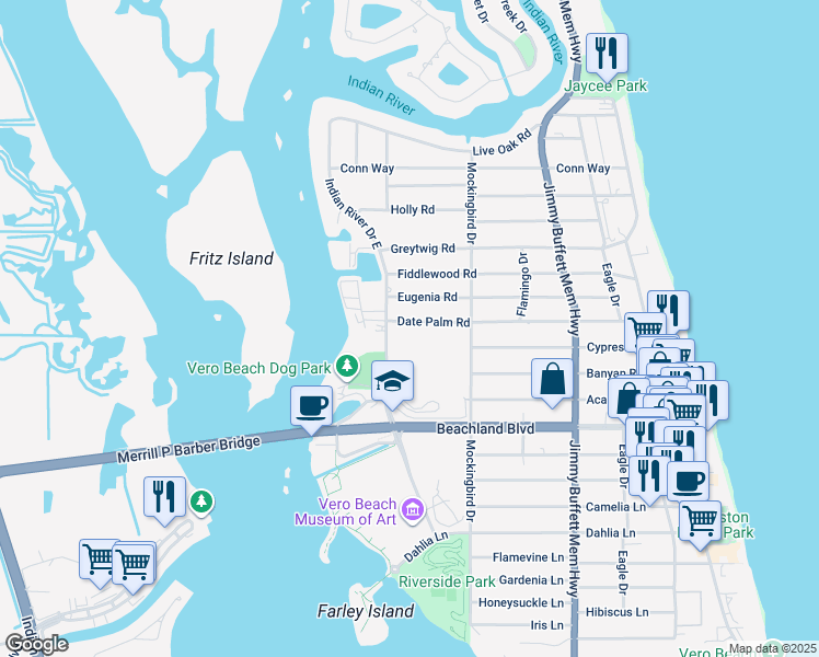 map of restaurants, bars, coffee shops, grocery stores, and more near 336 Date Palm Road in Vero Beach