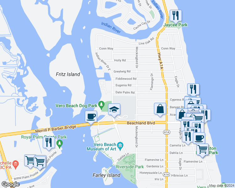 map of restaurants, bars, coffee shops, grocery stores, and more near 326 Date Palm Road in Vero Beach