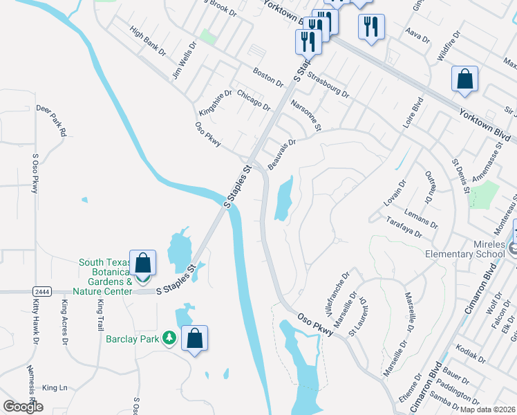 map of restaurants, bars, coffee shops, grocery stores, and more near 5741 Oso Parkway in Corpus Christi