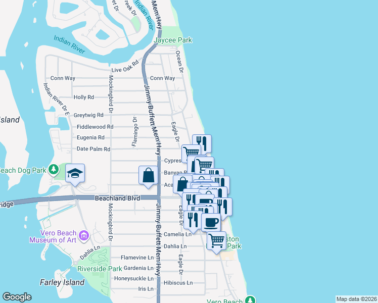 map of restaurants, bars, coffee shops, grocery stores, and more near 3581 Ocean Drive in Vero Beach