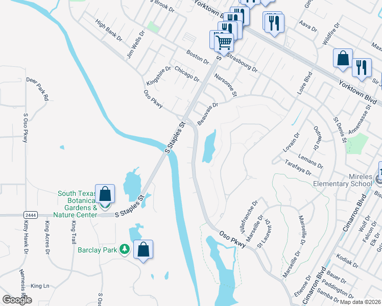 map of restaurants, bars, coffee shops, grocery stores, and more near 5741 Oso Parkway in Corpus Christi