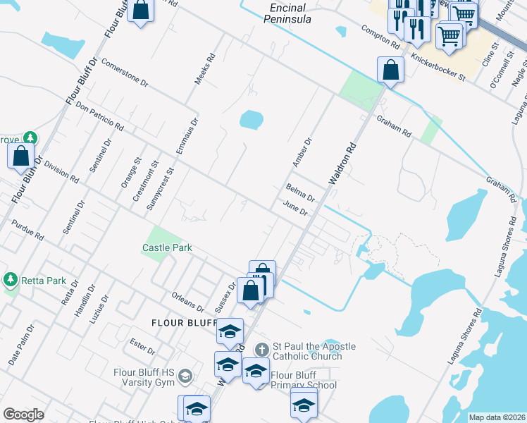 map of restaurants, bars, coffee shops, grocery stores, and more near 665 Don Patricio Road in Corpus Christi