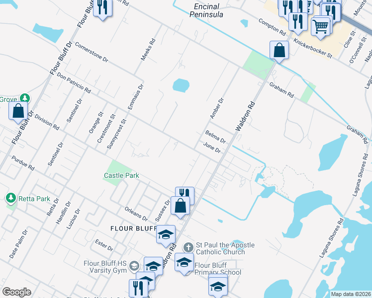 map of restaurants, bars, coffee shops, grocery stores, and more near 665 Don Patricio Road in Corpus Christi