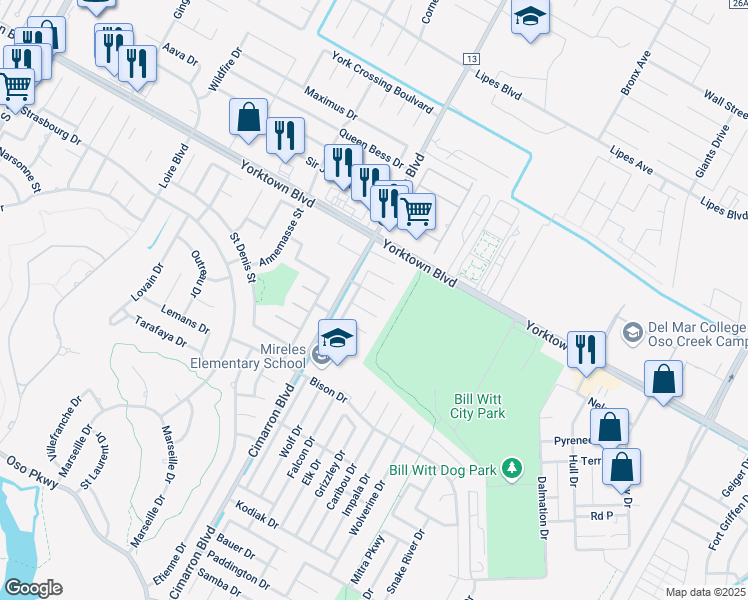 map of restaurants, bars, coffee shops, grocery stores, and more near 6525 Peacock Drive in Corpus Christi