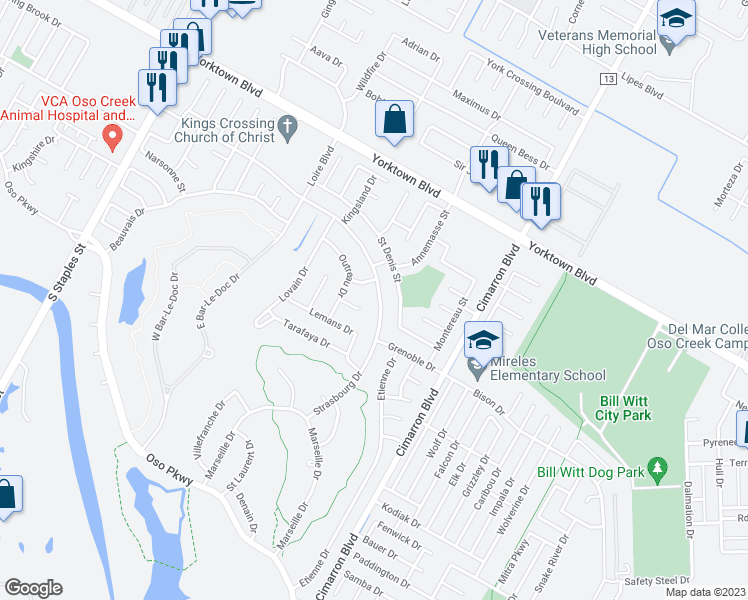 map of restaurants, bars, coffee shops, grocery stores, and more near 6221 Strasbourg Drive in Corpus Christi