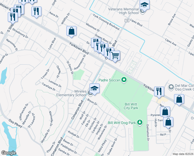 map of restaurants, bars, coffee shops, grocery stores, and more near 7542 Angelwing Drive in Corpus Christi