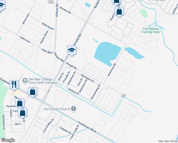 map of restaurants, bars, coffee shops, grocery stores, and more near 7410 Kolda Drive in Corpus Christi