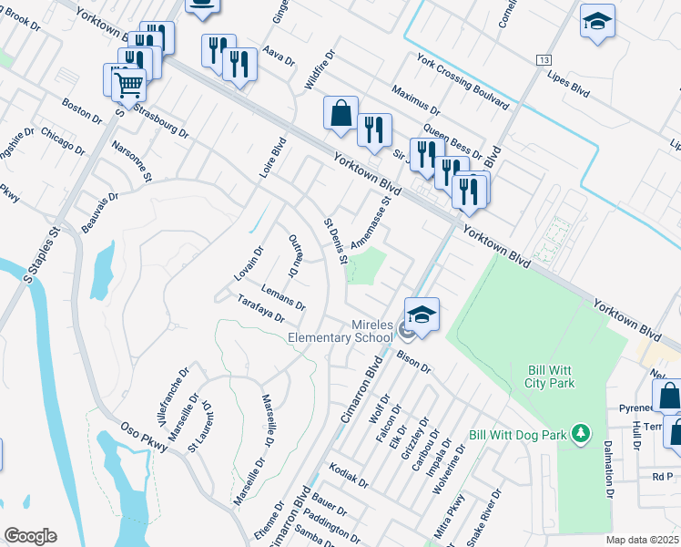 map of restaurants, bars, coffee shops, grocery stores, and more near 6221 Strasbourg Drive in Corpus Christi
