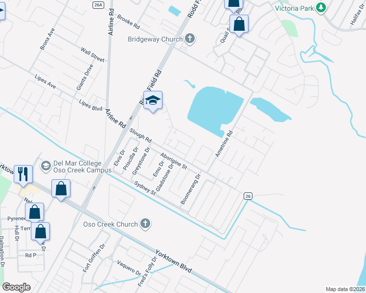map of restaurants, bars, coffee shops, grocery stores, and more near 7410 Kolda Drive in Corpus Christi
