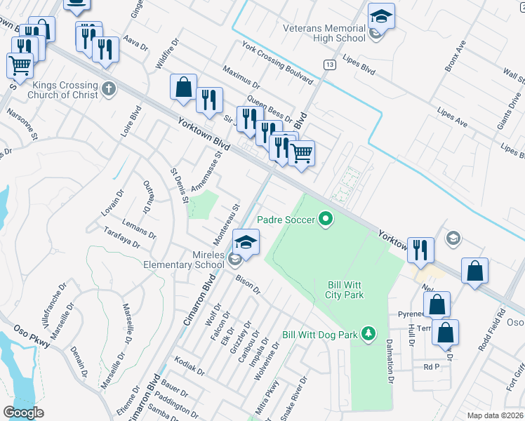 map of restaurants, bars, coffee shops, grocery stores, and more near 6525 Peacock Drive in Corpus Christi
